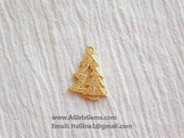 CZ Micro Pave Christmas Tree Charms, Gold Double Christmas Tree Pendants for Bracelet Necklace Jewelry Making